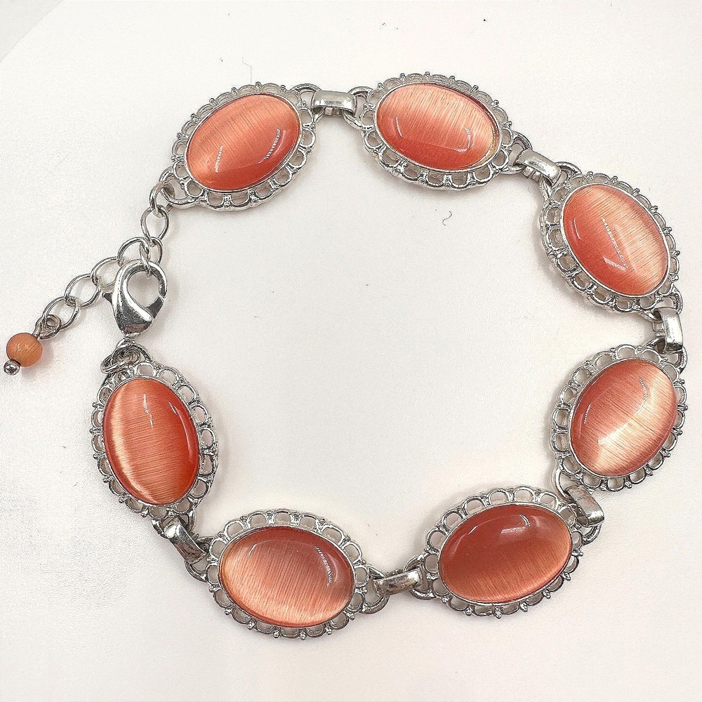 Vintage 80s Orange Moonstone Style Bangle Bracelet Silver Tone Style Jewelry Y2K